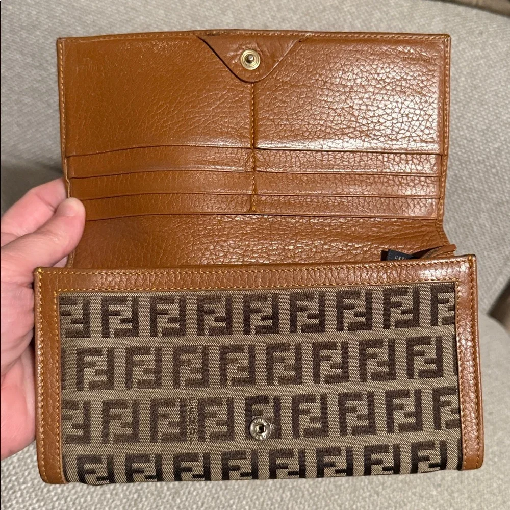 Authentic Fendi Brown Charm Zucchino Canvas Wallet
